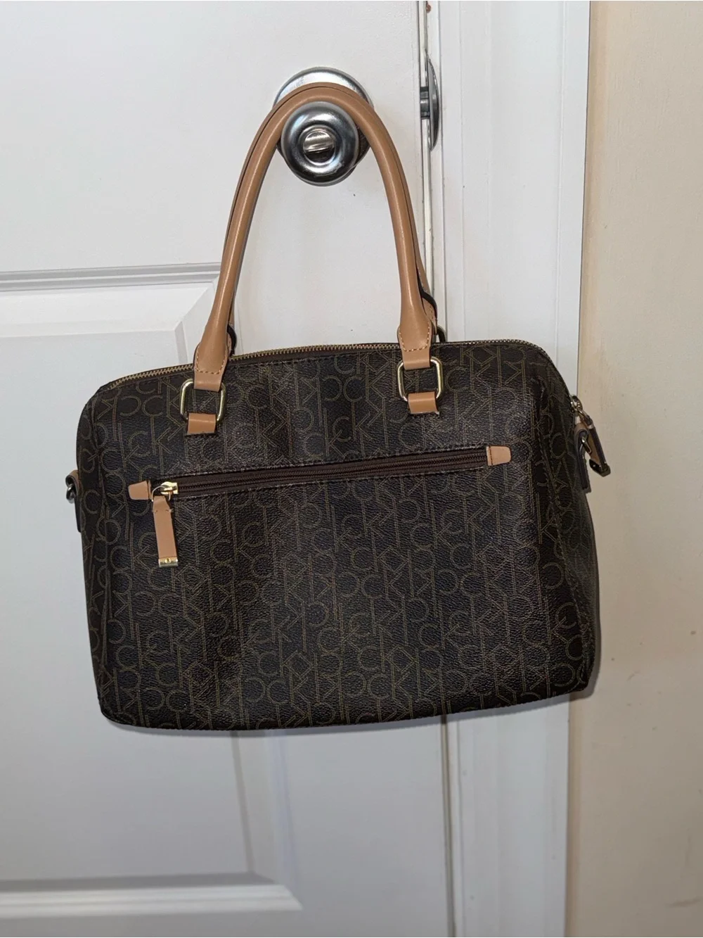 Calvin Klein Dark Brown Monogram Dome Satchel with Tan Handles